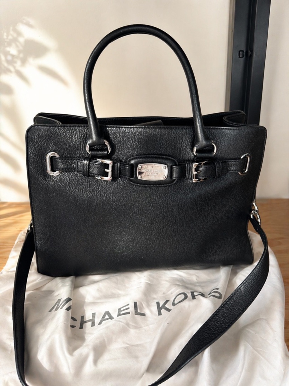 Michael Kors Black Pebbled Leather Shoulder Bag with Chain Accent